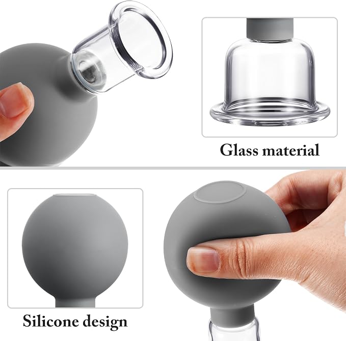 BBTO 4 Pcs Glass Facial Cupping Set Silicone Vacuum Suction Massage Cups Skin Tightening Therapy for Face Body Eyes Back Shoulder Pain(Grey)