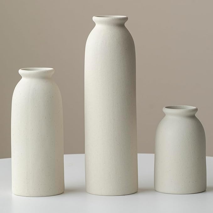 Ceramic Vase Set-3, 10.3 Inch Tall Flower Vases for Decor, Modern Boho Farmhouse Style, Decorative Vases for Pampas Grass & Dried Flowers, Distressed Finish (L Beige)