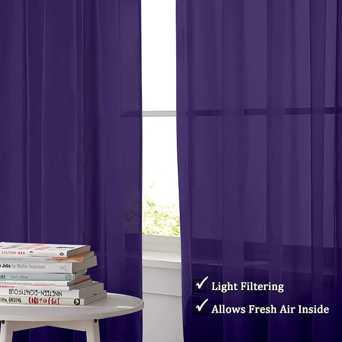 OWENIE Purple Sheer Curtains 96 Inch Length, Elegant Sheer Curtains for Bedroom, Window Voile Sheer Curtain Panels/Drapes/Treatment for Living Room, 2Pcs, Each 42" W x 96" L