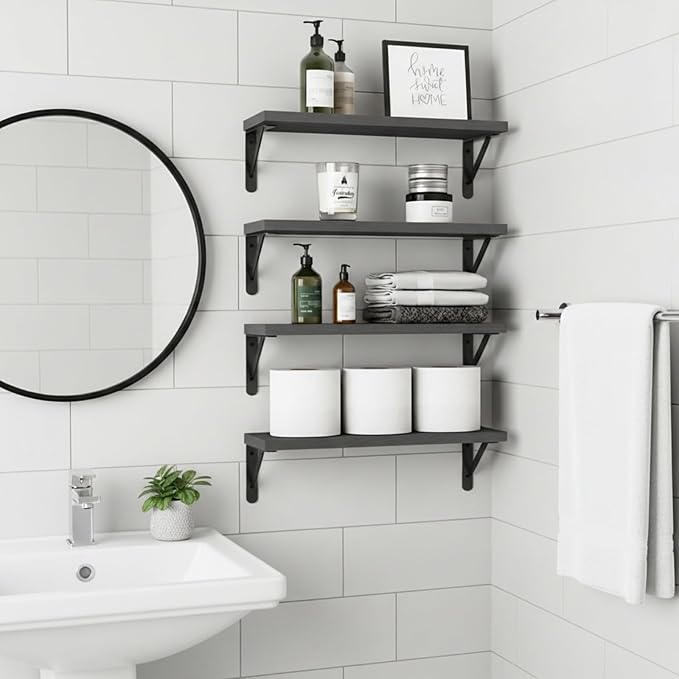 Fixwal Floating Shelves for Wall, Wood Wall Mounted Shelves for Bedroom, Bathroom, Living Room, Kitchen Storage and Decor(Black, Set of 4, 16.5 Inch)