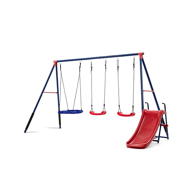 Delta Children FunZone Outdoor Metal 4-Piece Swing Set - Includes 2 Swings, 1 Disc/Saucer Swing and Slide, Blue/Red