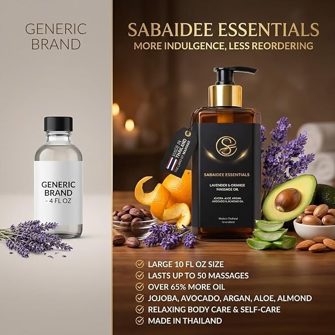 Aromatherapy Massage Oil - Lavender & Orange Thai Body Oil for Massage Therapy - Relaxing Scented Body Massage Oil with Jojoba, Argan, Aloe, Avocado & Almond, Large 10 Fl Oz