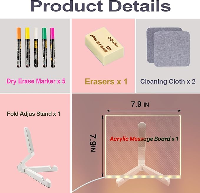Acrylic Thank You Gifts with Led Note Board with Colors with Stand，Acrylic Message Board with Light up Dry Erase Board for Kids，Acryli Drawing Board Light Acryli Memo Board is Best Acryli Gifts