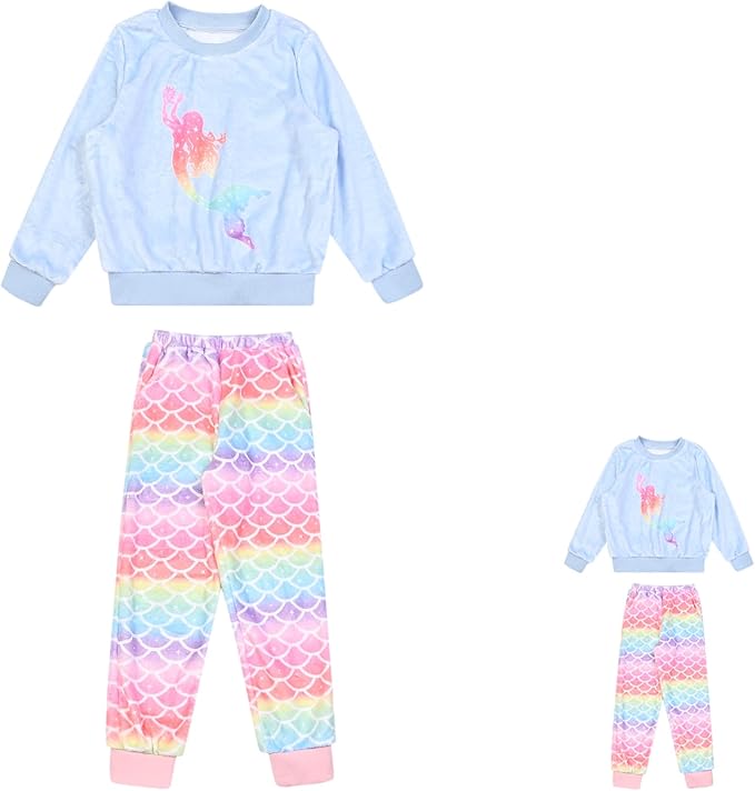 QPANCY Matching Doll & Girls Fleece Pjs Set kids Fall Winter Long Sleeve Sleepwear 2 Piece Pajamas
