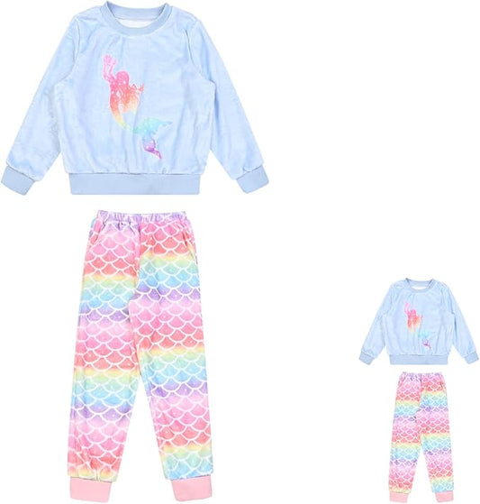 QPANCY Matching Doll & Girls Fleece Pjs Set kids Fall Winter Long Sleeve Sleepwear 2 Piece Pajamas