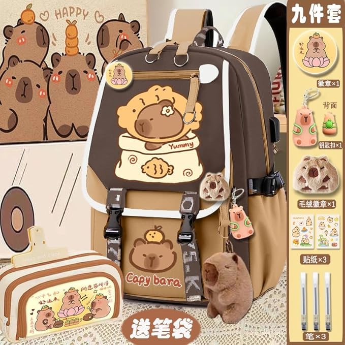 Kapibara Capybara Cartoon Backpack Large Capacity Waterproof Kapibara stuff kawaii backpack with pins and Accessories (pattern 5)