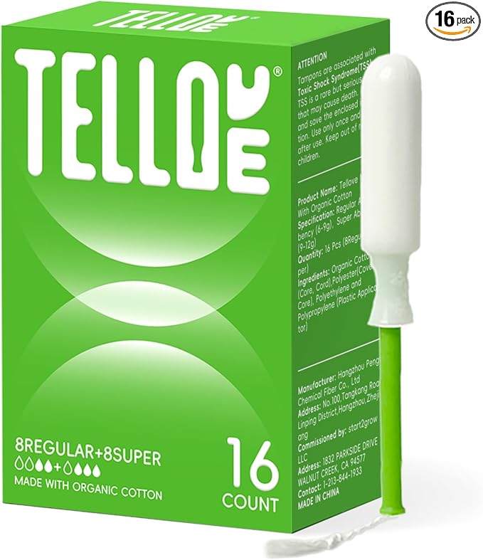 Tellove Tampons with 100% Organic Cotton Core, 16 Count (8 Regular, 8 Super), Featuring 360° Comfort-Expand Leakproof Technology with Comfort BPA-Free Long Applicator, Gentle on Sensitive Skin