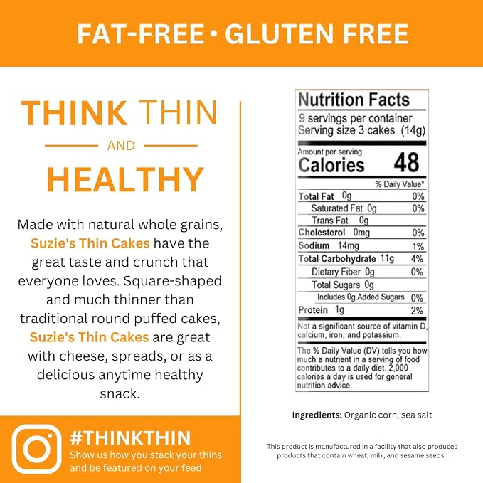 Suzie's Organic Lightly Salted Corn Cake Thins|6 Pack|USDA Organic, NON-GMO, Fat-Free, Sugar-Free, Gluten-Free|Low-Calorie Snack-17 Calories Per Slice|Bread & Cracker Replacement
