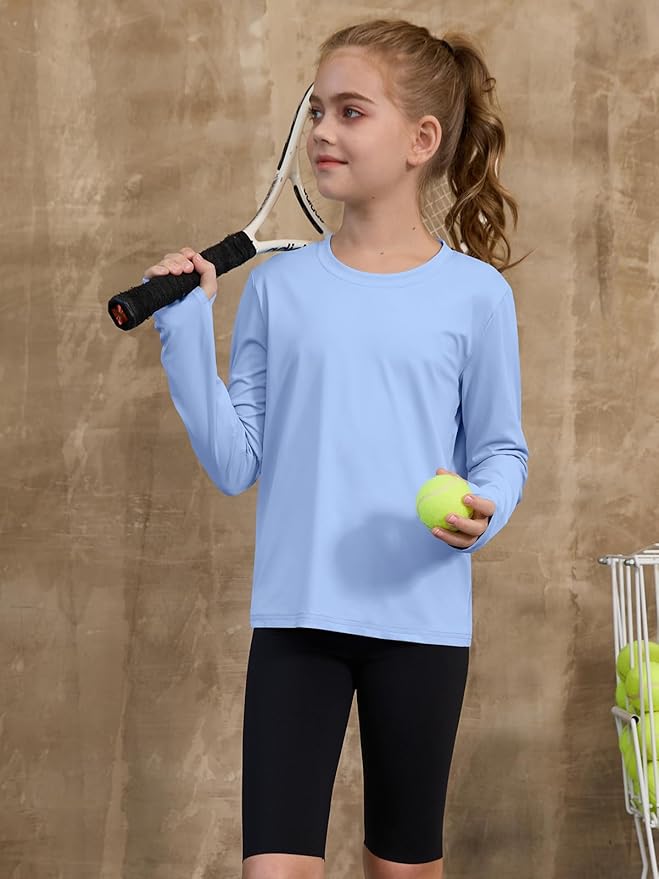 ZDC Girls Long Sleeve Athletic Shirts Kids Crewneck Quick Dry Workout Yoga Tops Basic Tees Activewear