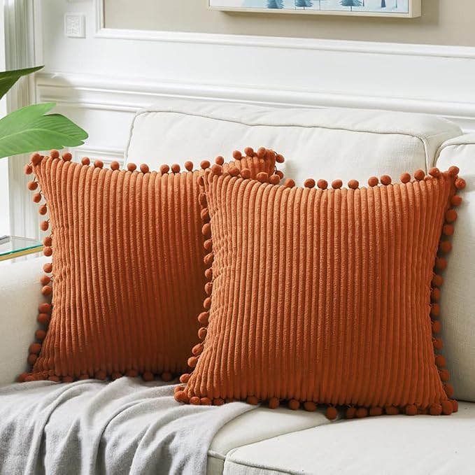 Fancy Homi Pack of 2 Rust Fall Decorative Throw Pillow Covers 16x16 Inch with Pom-poms for Living Room Couch Bedroom, Soft Corduroy Terracotta Solid Square Cushion Case 40x40 cm, Boho Home Decor