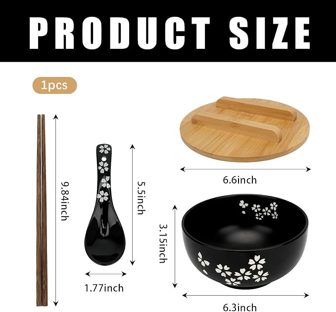 Black Ceramic Bowl Set with Lid, Spoon & Chopsticks - Japanese Traditional Style Tableware, All-in-One Bowl for Soup, Rice, Noodles, Ramen