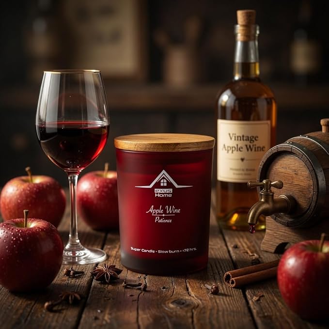 Exus Hand Crafted, Soy Wax, Wood Wick, Aromatic Candle. Non-Toxic (Apple Wine/Patience)