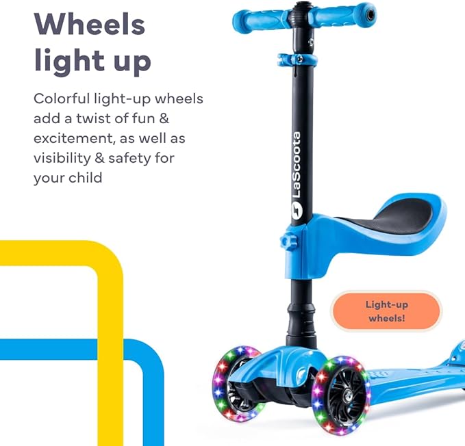 Lascoota 3-Wheel Kids Scooter - Removable Seat, Adjustable Handlebar, Light-Up Wheels & Lean-to-Steer for Toddler Scooter - Blue, Aluminum, Large