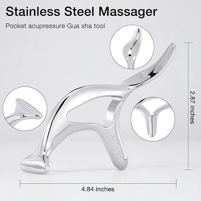 all in1 Stainless Steel Gua Sha Trigger Point Massage Tool Acupressure Deep Tissue Massager Muscle Tension Relax TMJ Headache Body Pain Relief Gua Sha Facial Tool Jawline Sculpt Muscle Scraper