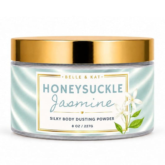 Honeysuckle Jasmine Scented Body Powder for Men & Women, Bath Perfume Dusting Powder with Fragrance & Essential Oils, Talc Free 8oz Container with Puff, Made in USA