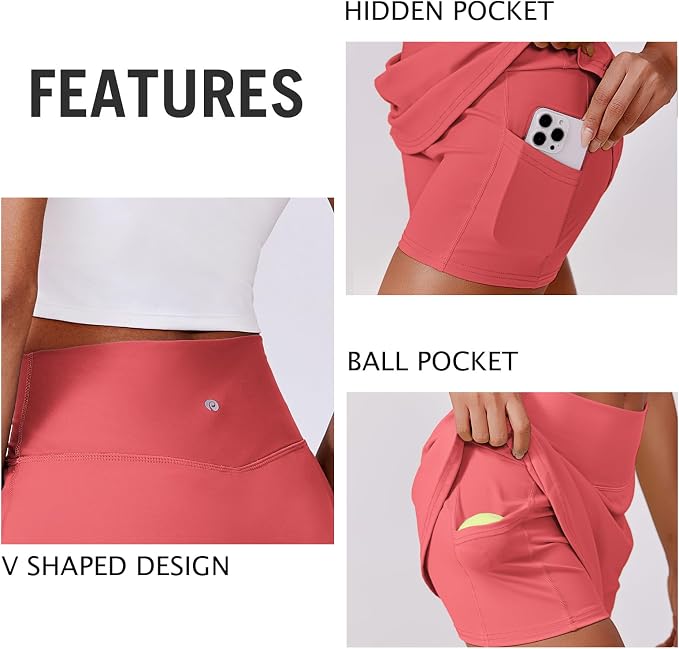 PINSPARK 14" Womens Tennis Skirt High Waisted Golf Skort with 2 Pockets | Built-in Shorts, A Line, Tummy Control, Stretchy, Casual, Mini, Workout, Pickleball, Running, Skort for Woman