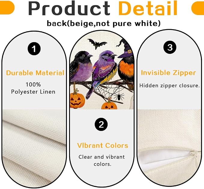 RABUSOFA Halloween Pillow Covers 18x18 Inch Halloween Decorations for Home | Watercolor Birds,,Spooky Ghost Pumpkin Bat Halloween Decor,Supplies Accessories for Home Couch Party Patio