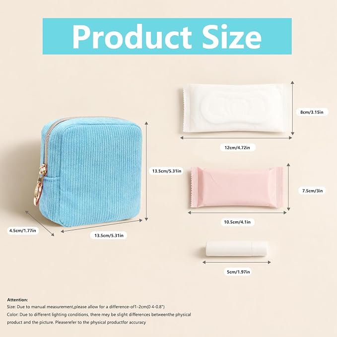 Period Bag for Girls, Corduroy Period Kit with Sanitary Pad Pouch, Menstrual Storage Bag and Tampon Holder for Purse, Girls School Essentials,Feminine Care Organizer(Sky Blue)