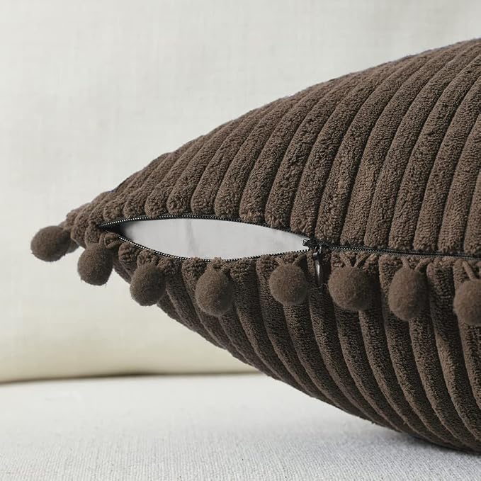 Fancy Homi 2 Packs Dark Brown 26x26 Pillow Covers, Euro Pillow Covers with Pom-poms, Big Throw Pillow Covers for Couch Bedroom 66x66 cm