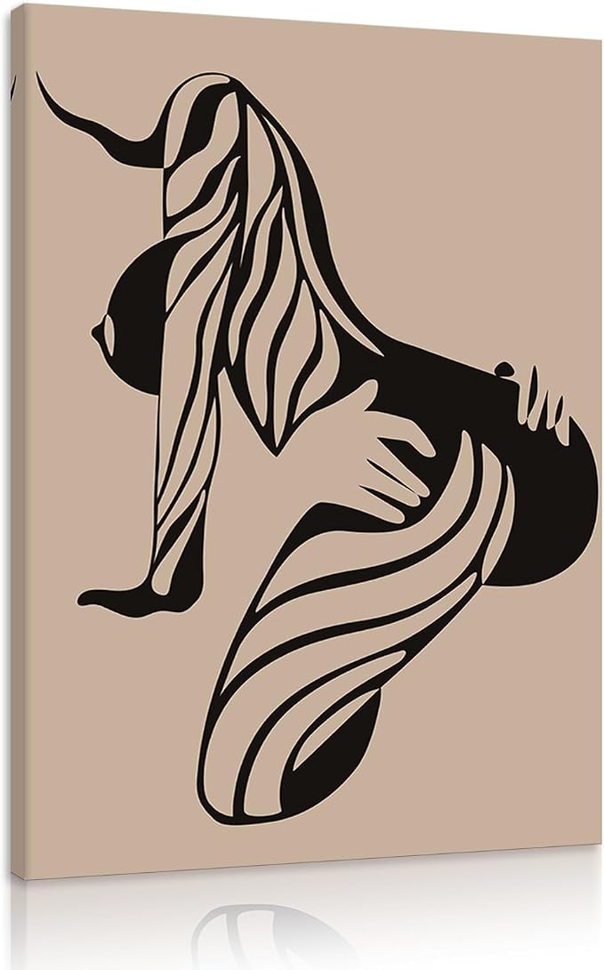 Yeesjoee Large Minimalist Female Line Abstract Wall Art Girl Silhouette, Nude Woman Body Canvas Print, Black & Beige Sexy Picture Painting for Home Living Room Modern Bedroom Decor, 28x44 in Framed