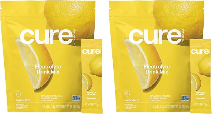 Cure Hydration | Plant-Based Electrolyte Drink Mix | No Added Sugar | Dehydration Relief Powder Made with Coconut Water | Non-GMO | Vegan | Pouch of 28 Packets - Lemonade