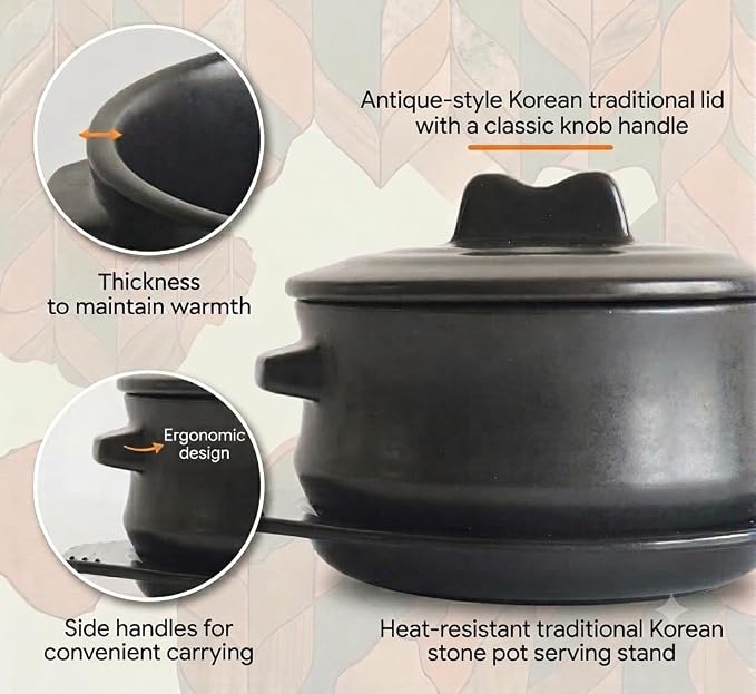 Premium Korean Stone Bowl with Lid and Tray Set, 37 oz Dolsot Hot Pot for Bibimbap and Soup, Sizzling Ceramic Cookware