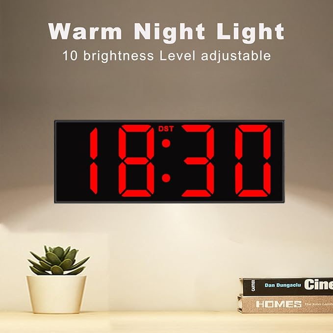 JALL Digital Wall Clock Large Display with Big LED Numbers, Remote Control, 8 RGB Colors, Auto DST, Night Light for Classroom Living Room Bedroom Birthday Gift for Senior, Men Women, Red