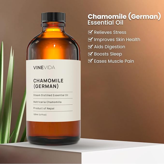 VINEVIDA Chamomile German Essential Oil 4 oz - Undiluted Chamomile Oil 4 oz - Chamomile Candle Oil Scent - DIY Candle Scents for Candlemaking - Bulk Essential Oil for Soap Making