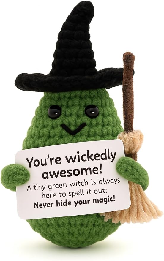 M.O.Q. Mini Funny Green Witch Birthday Crochet Ideas Gifts for Women Her Him Ages 14+, Small Cute Stuff Things, Handmade Emotional Positive Crochet Witch Decor