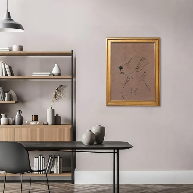 Gold Framed Minimalist Dog Sketch Wall Art Painting Neutral Line Drawing Dog Portrait Print Modern Pet Lover Picture Poster Simple Aesthetic Canvas Artwork for Room Bedroom Office Home Decor 12x16inch