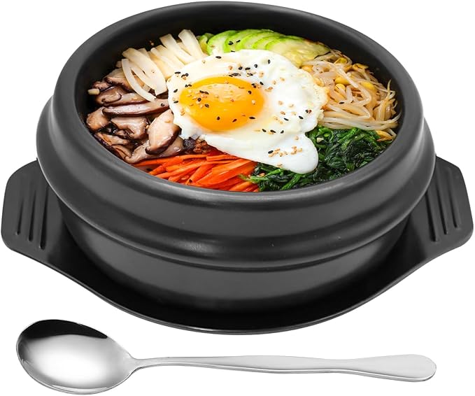 Korean Stone Pot Set with Tray and Stainless Steel Spoon, Ceramic Bowl for Bibimbap and Soup, No Lid (1100 ML (37 OZ))