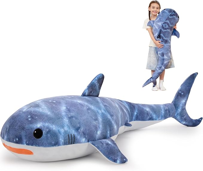 Tezituor 4ft Giant Whale Shark Stuffed Animal, S-Shape Stuffed Shark Plush Toy for Boys Girls, Hugging 47inches Soft Long Ocean Whale Shark Plush Body Pillow for Sleeping
