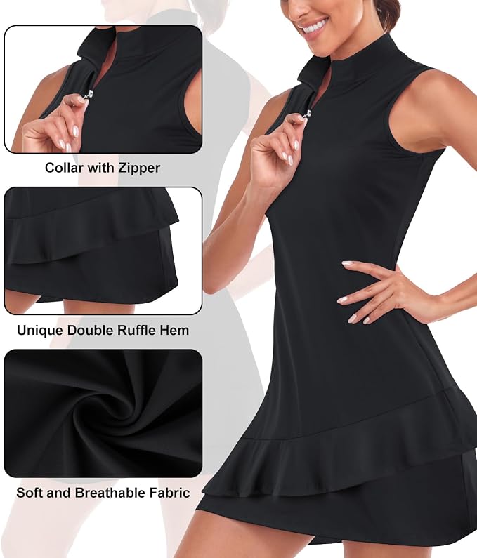 Viracy Tennis Dress for Women Sleeveless Golf Dresses with Shorts and Pockets Ruffle Zip Up Stand Collar Golf Outfits
