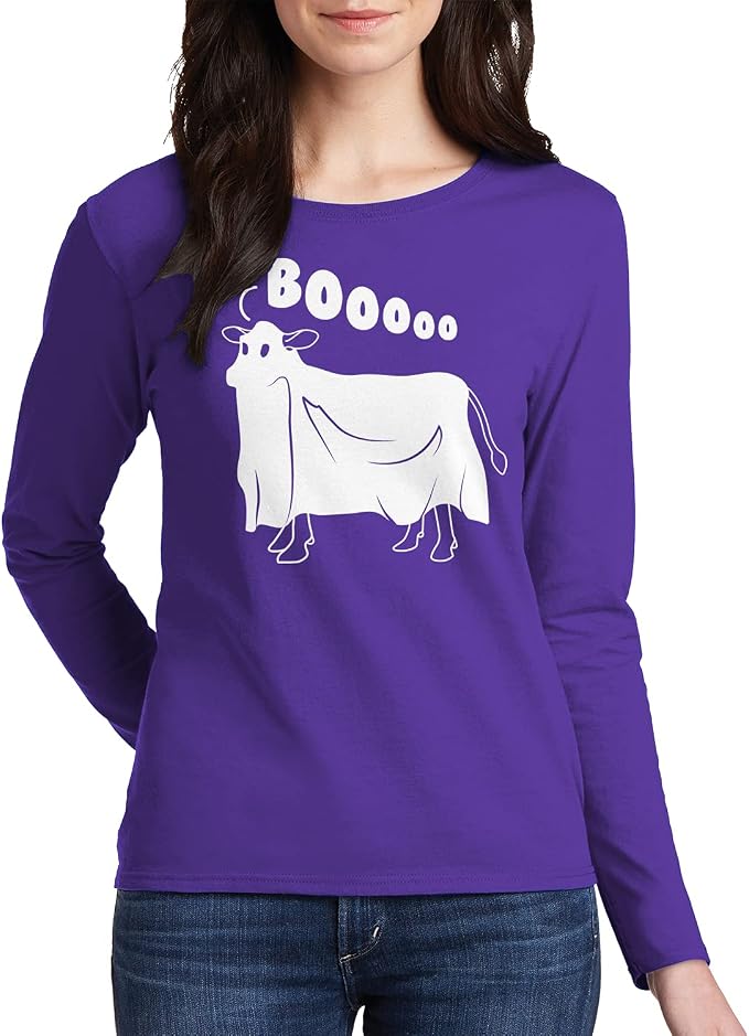 Threadrock Women's Cow Ghost Saying Moo Long Sleeve T-Shirt