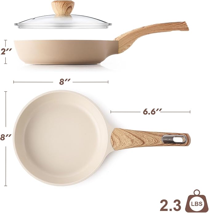 SENSARTE 8inch Ceramic Nonstick Frying Pan Skillet with Lid, Taupe | Non Stick Omelet Pans, Non-toxic Healthy Kitchen Cooking Chefs Pan, PFOA/PFAS/PTFE Free, Induction Compatible