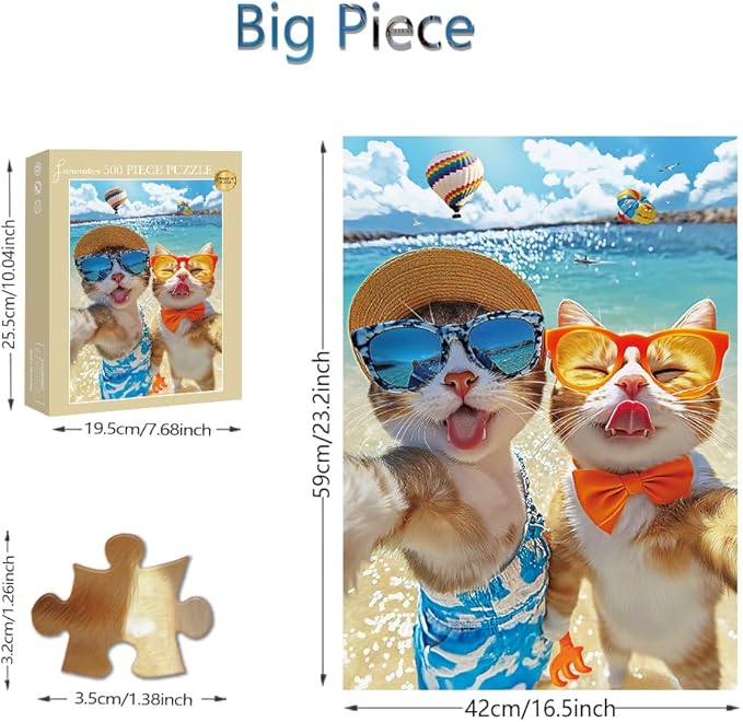 500 Pieces Jigsaw Puzzles for Adults and Teens and Kids Family Happy Games Big Size Cats' Selfie on Beach [Larger Size]