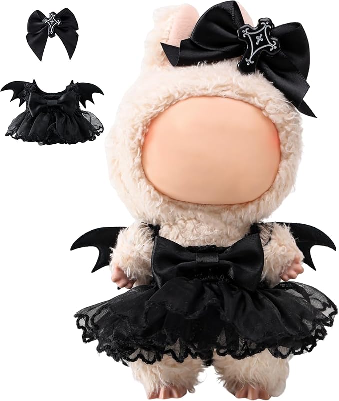 Clothes for labbuu Dolls - Cute Outfit for 6 3/4 Inch (17cm) labbuu Accessories, 2-Piece Doll Clothes Black (Doll Not Included) - Perfect for Collectors and Dress-Up (Halloween Bat Dress Set A)
