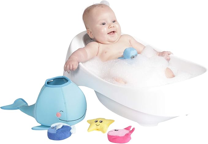 Manhattan Toy Neoprene Whale 5-Piece Floating Spill n Fill Bath Toy with Quick Dry Sponges and Squirt Toy