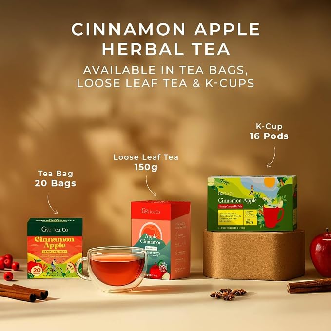 Gya Tea Co Apple Cinnamon Herbal Tea Bags (20 Bags) - Caffeine Free with a Tangy Flavor for All Day Comfort, Calming, Relaxing & Nourishing - Fruit & Herbal Blends