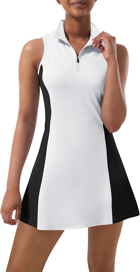 Tennis Dress for Women, Golf Dress with Shorts and Pockets Athletic Dress | Sleeveless Collared Half-Zipper Workout Sport Dress, Stretch Moisture Wicking Fabric, Tennis Golf Outfits