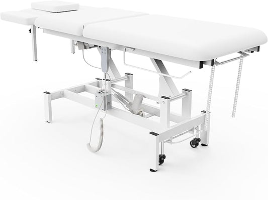 2 Motors Electric Spine Massage Table, Hydraulic Electric Lift Adjustable Waist and Height Lifting Functions for Treatment, Physical Therapy, Spinal Massage, Facial Spa, Waxing, Tattooing - White