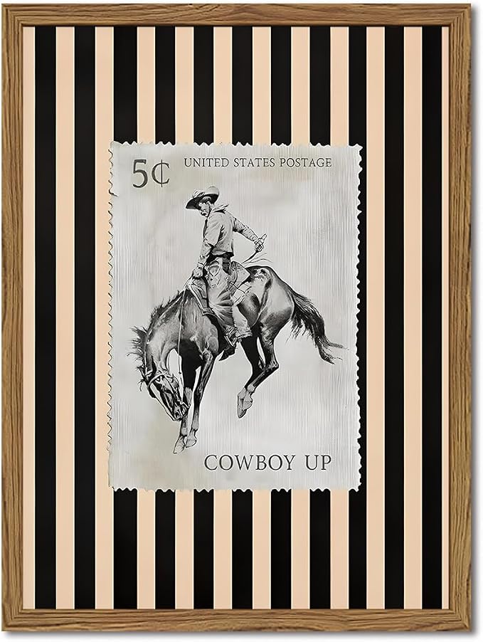 Vintage Western Wall Art, Rodeo Cowboy Horse Postage Wall Decor Mid Century Southwest With Stripes Western Canvas Prints for Living Room Bedroom Bathroom 24x36 inch Wood Framed