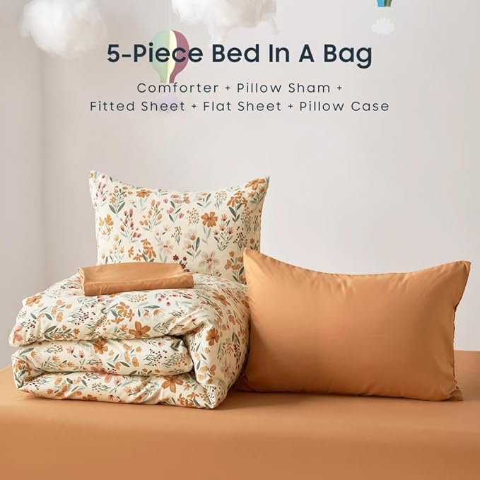 Wake In Cloud - Floral Bedding Set for Girls, Cute Colorful Botanical Flowers Patterned Soft Lightweight Comforter Set with Sheets, 5 Pieces Kids Bed in a Bag, Orange Cream, Twin Size