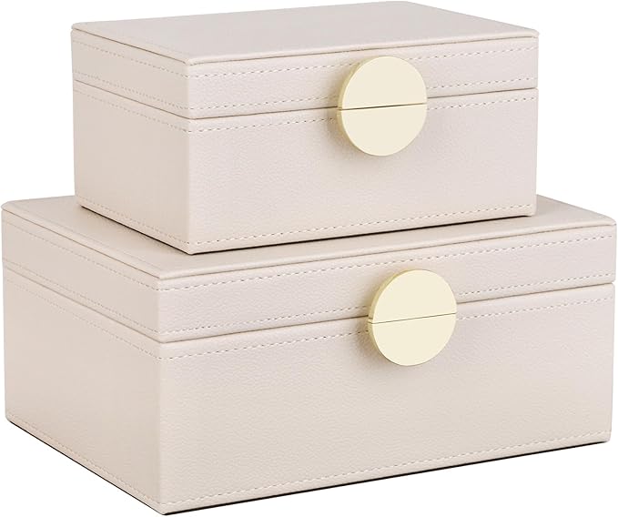 HofferRuffer Faux Leather Jewelry Boxes, Decorative Boxes Storage Accessory Organizer with Gold Hardware Decor, Classic Vegan Leather Set of 2 Pieces (CreamWhite)