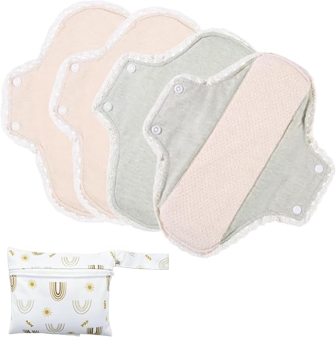 Reusable Incontinence Pads,Organic Cotton Pads Sanitary Napkins,Lace Trim Washable Menstrual Pads,with 1 Storage Bag,Panty Liners Pads Period/Incontinence/Postpartum.(Colorful/M/4pcs)