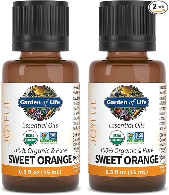 Garden of Life Essential Oil Sweet Orange 100% USDA Organic & Pure, Clean, Undiluted & Non-GMO for Diffuser, Aromatherapy, Meditation, Joyful, Calming, Balancing, Uplifting, 0.5 Fl Oz (Pack of 2)