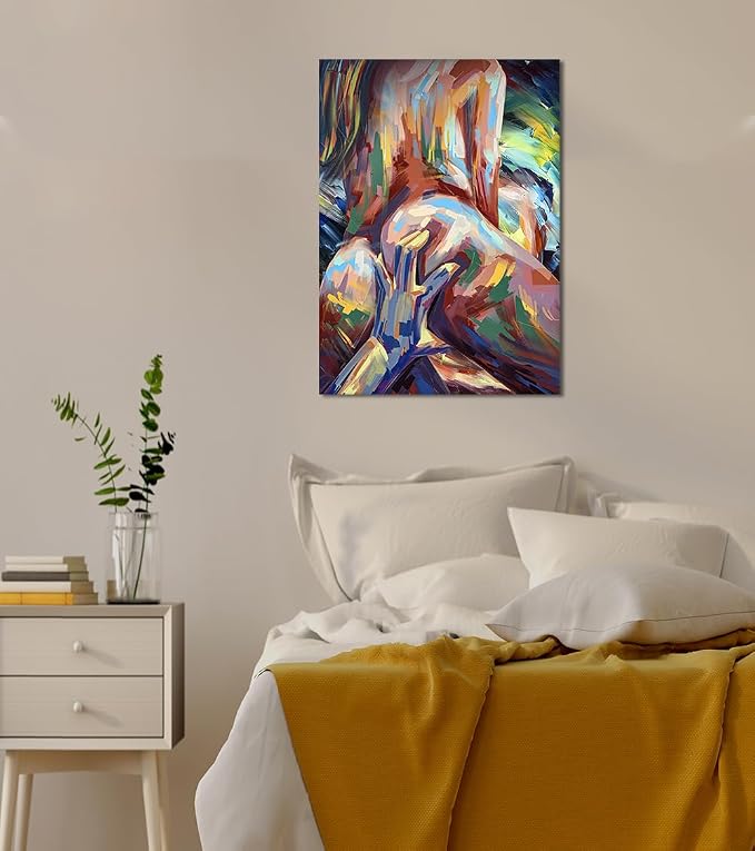 Yeesjoee Sexy Nude Woman Wall Art Canvas Prints, Abstract Body Painting Vibrant Color & Modern Bold Brushstroke, Lovers Posters Decor for Bedroom Sexual Bathroom Laundry Ready to Hang, 12x16 in Framed