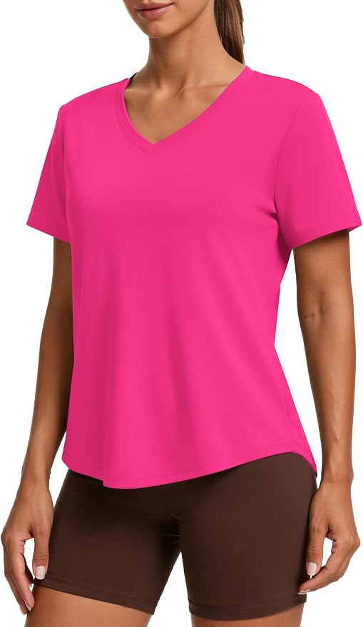 PINSPARK Soft Workout Tops for Women Short Sleeve V Neck Moisture Wicking UPF 50+ Sun Protection Quick Dry Gym Shirts