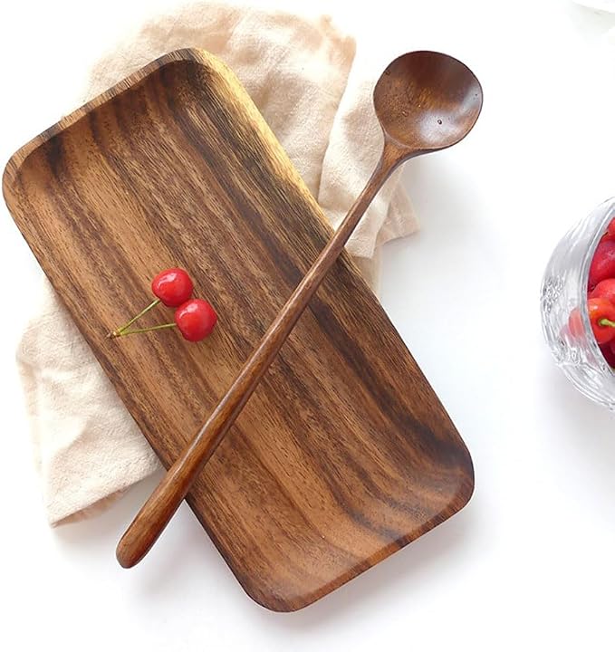 Long Soup Spoons, 11In Korean Style Natural Wood Long Handle Round Spoons | for Soup Mixing Stirrer Kitchen Tools Utensils