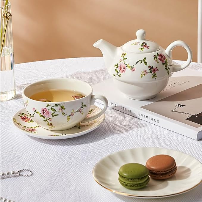 Coloch Tea for One Set, Porcelain Teapot Cup and Saucer Set with Tassel Vintage Floral Ceramic Tea Set for One for Women, Home, Office, Afternoon Tea, Rattan Flower Design